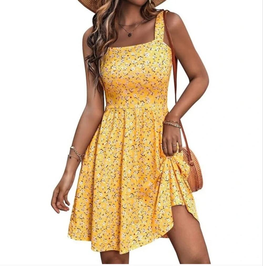 HUHOT Yellow Floral Smocked Midi Sundress Large Cottagecore Pockets